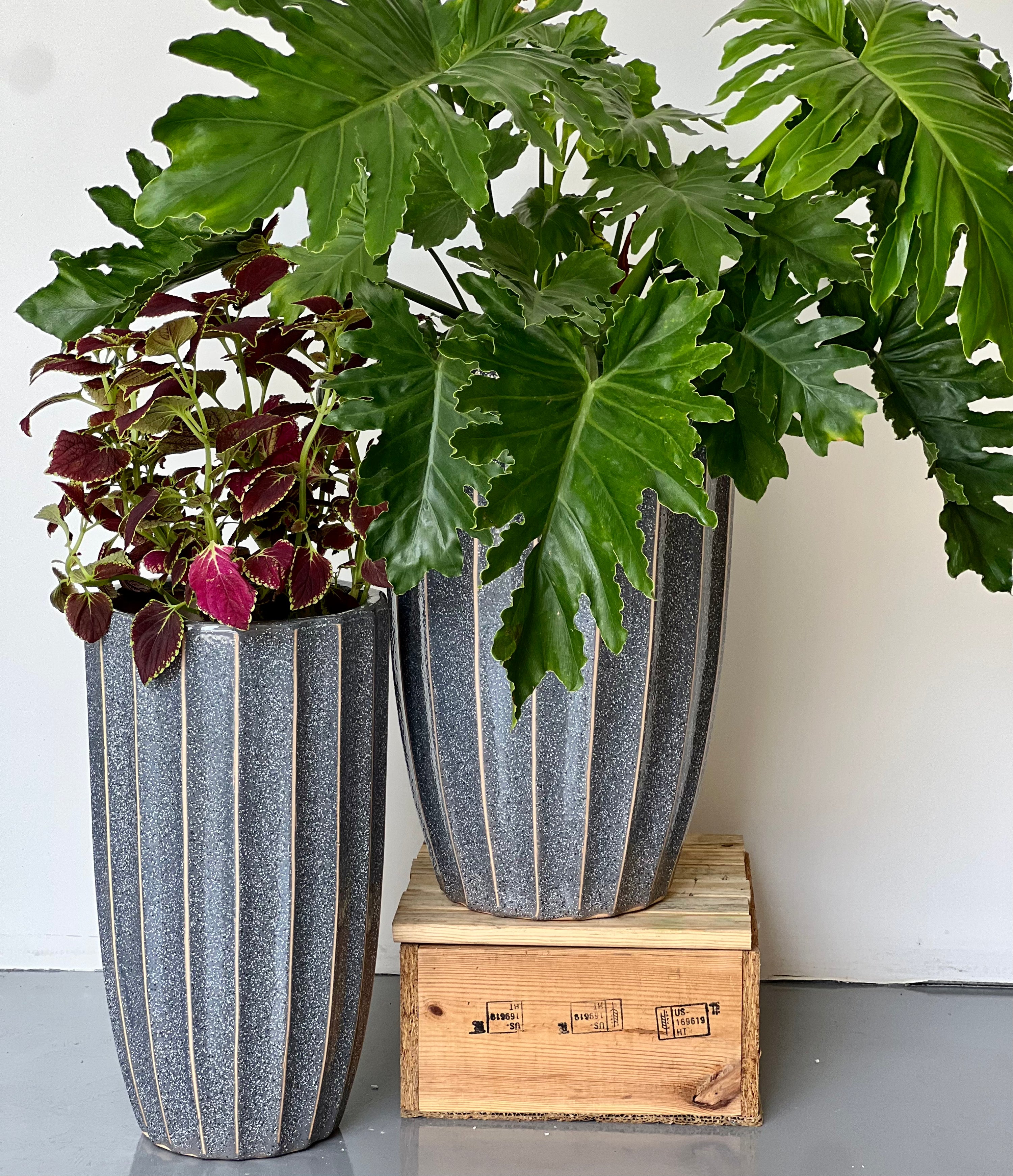 STRIPES Tall Grey CL-17 - lightweight striped grey tall decorative pot
