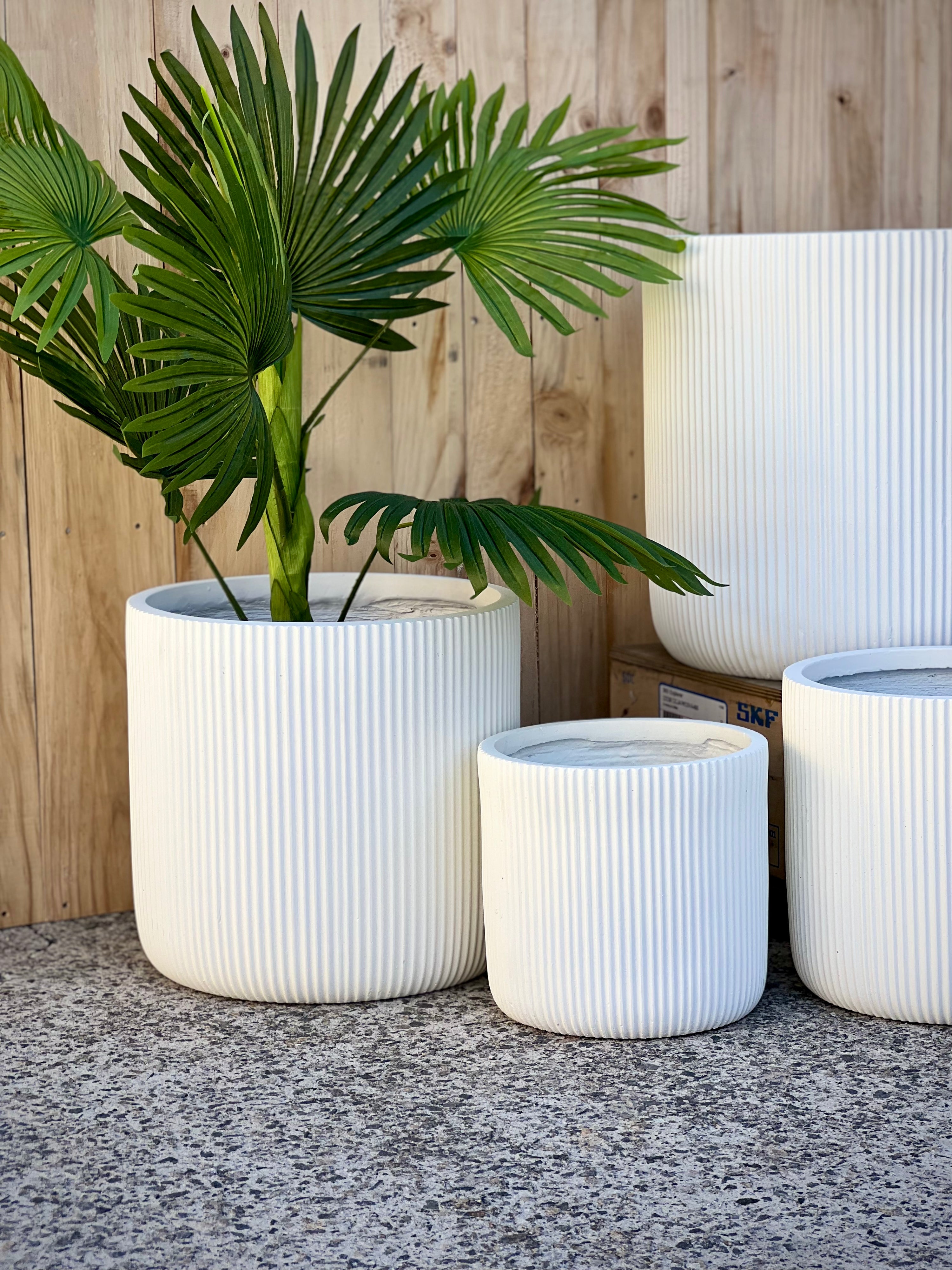 Stripy Cylinder Pot Cream Large - lightweight vertical stripes fiberclay pot