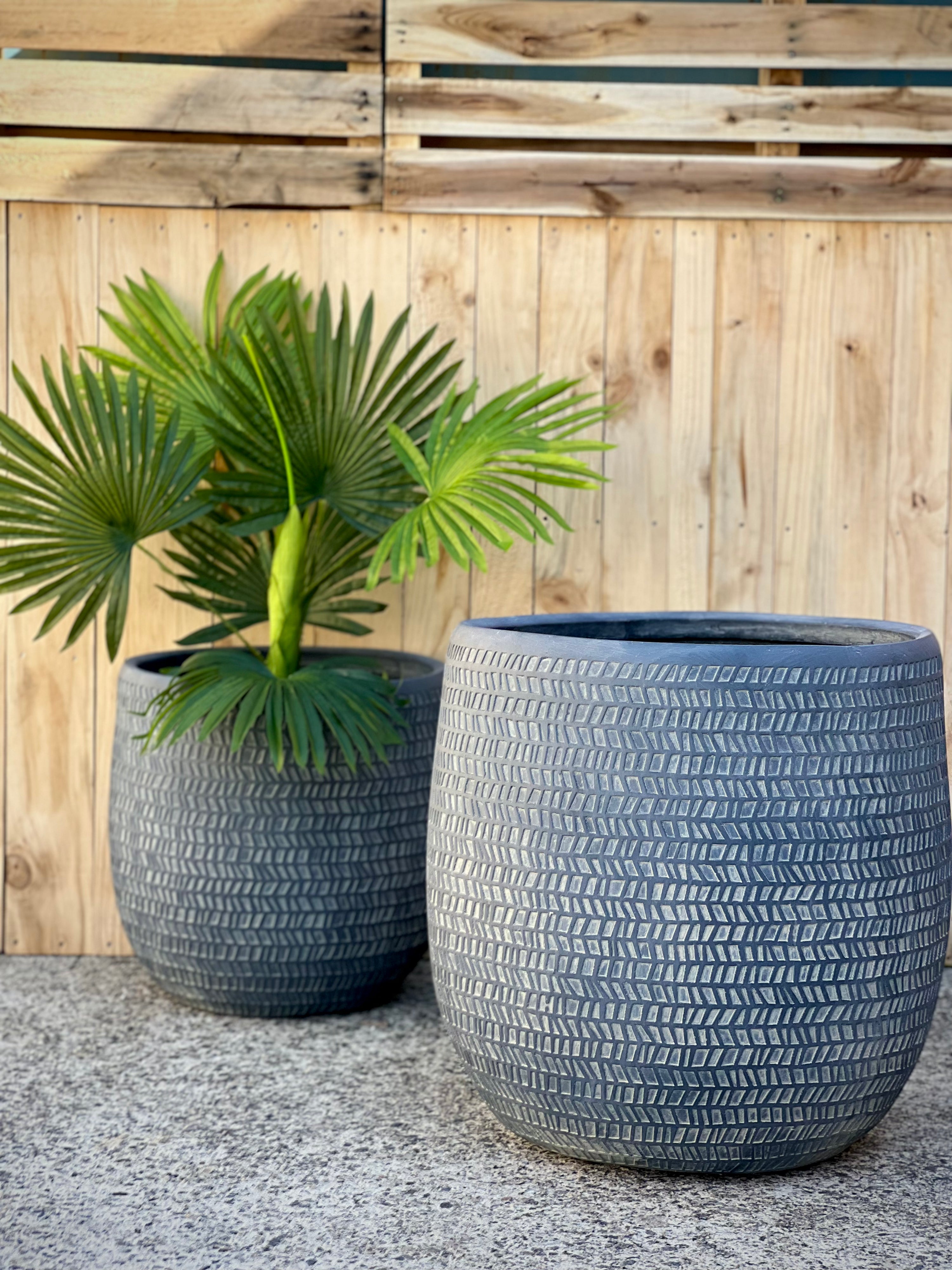 Impressions Pot Dark Grey Large - tall lightweight fiberclay pot with print