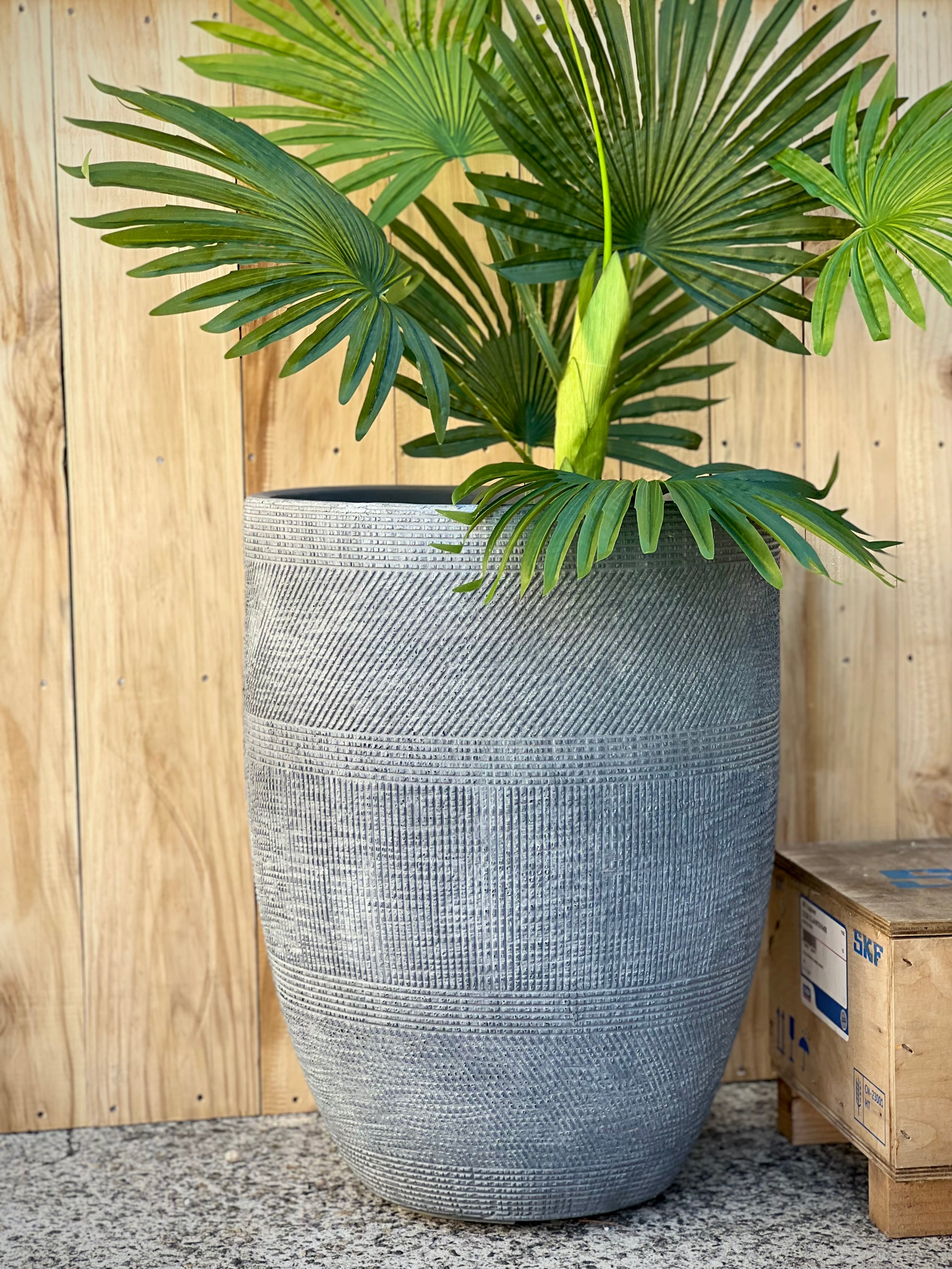 PRINT TALL - Indoor or Outdoor Tall Large Round Fiberglass Clay Pot with a Print NL055