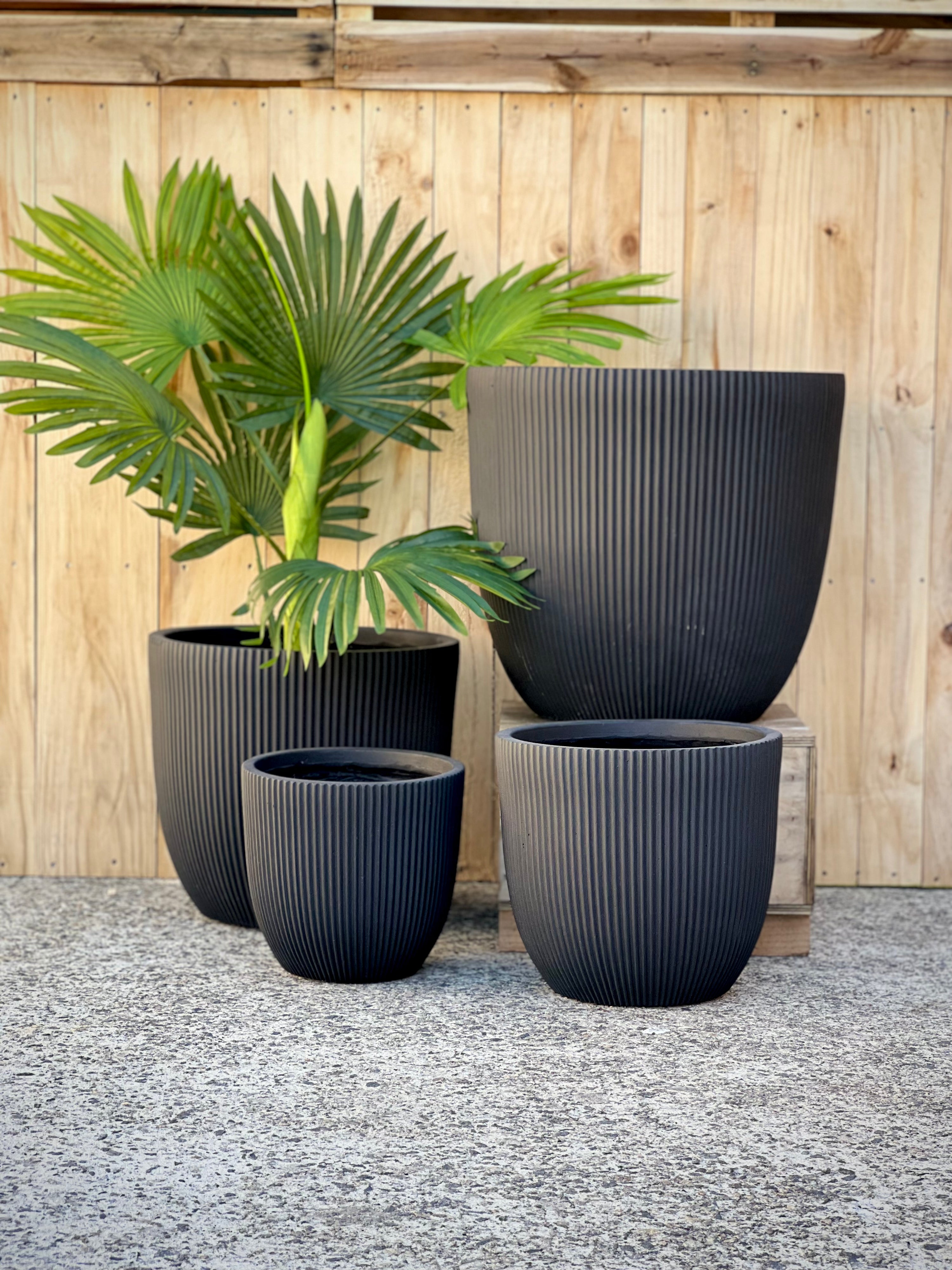 Stripy Fiberclay Cylinder Pot with Vertical Stripes Dark Grey - lightweight pot