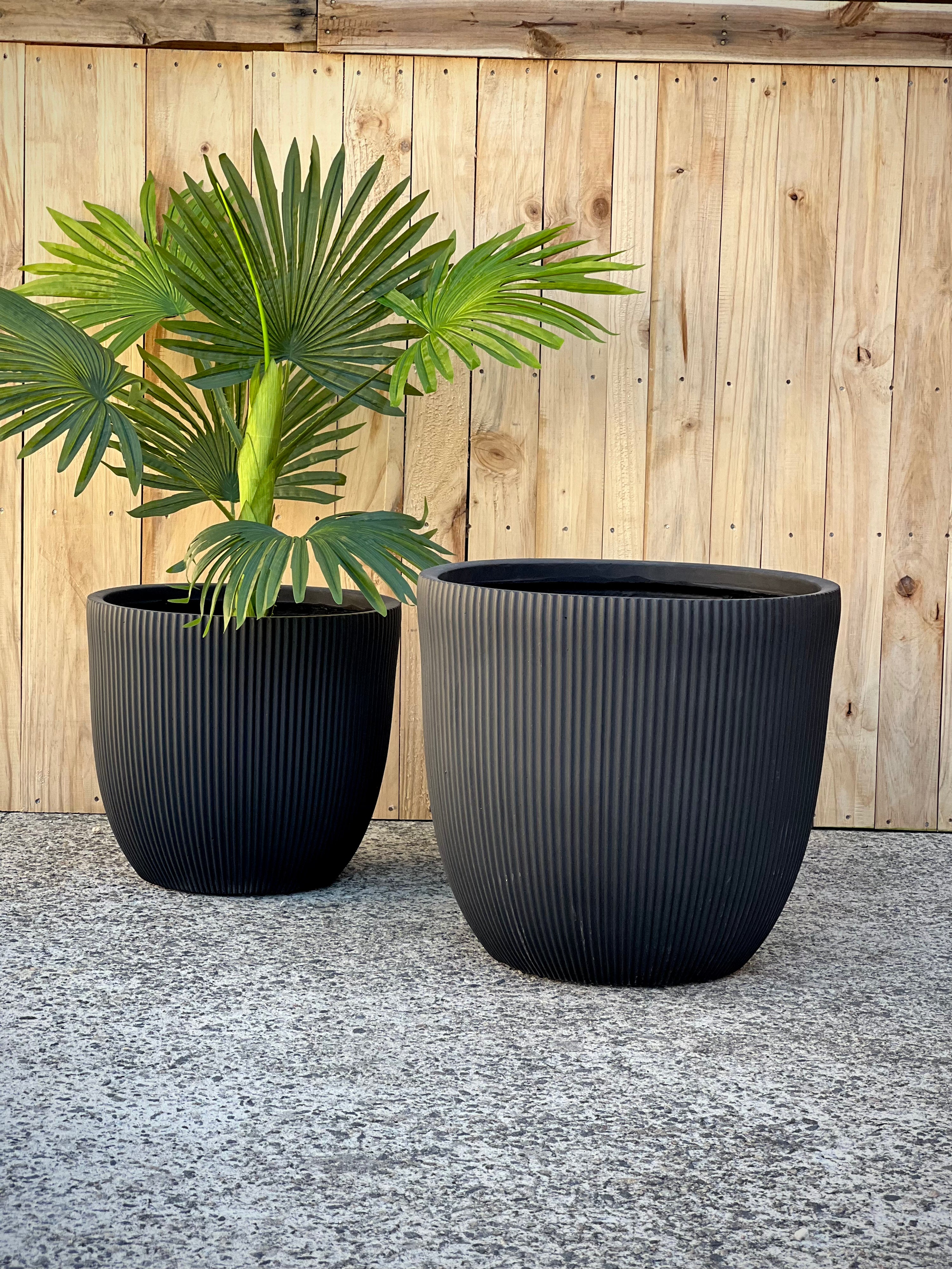 Stripy Cylinder Pot Dark Grey Large - lightweight striped fiberclay pot