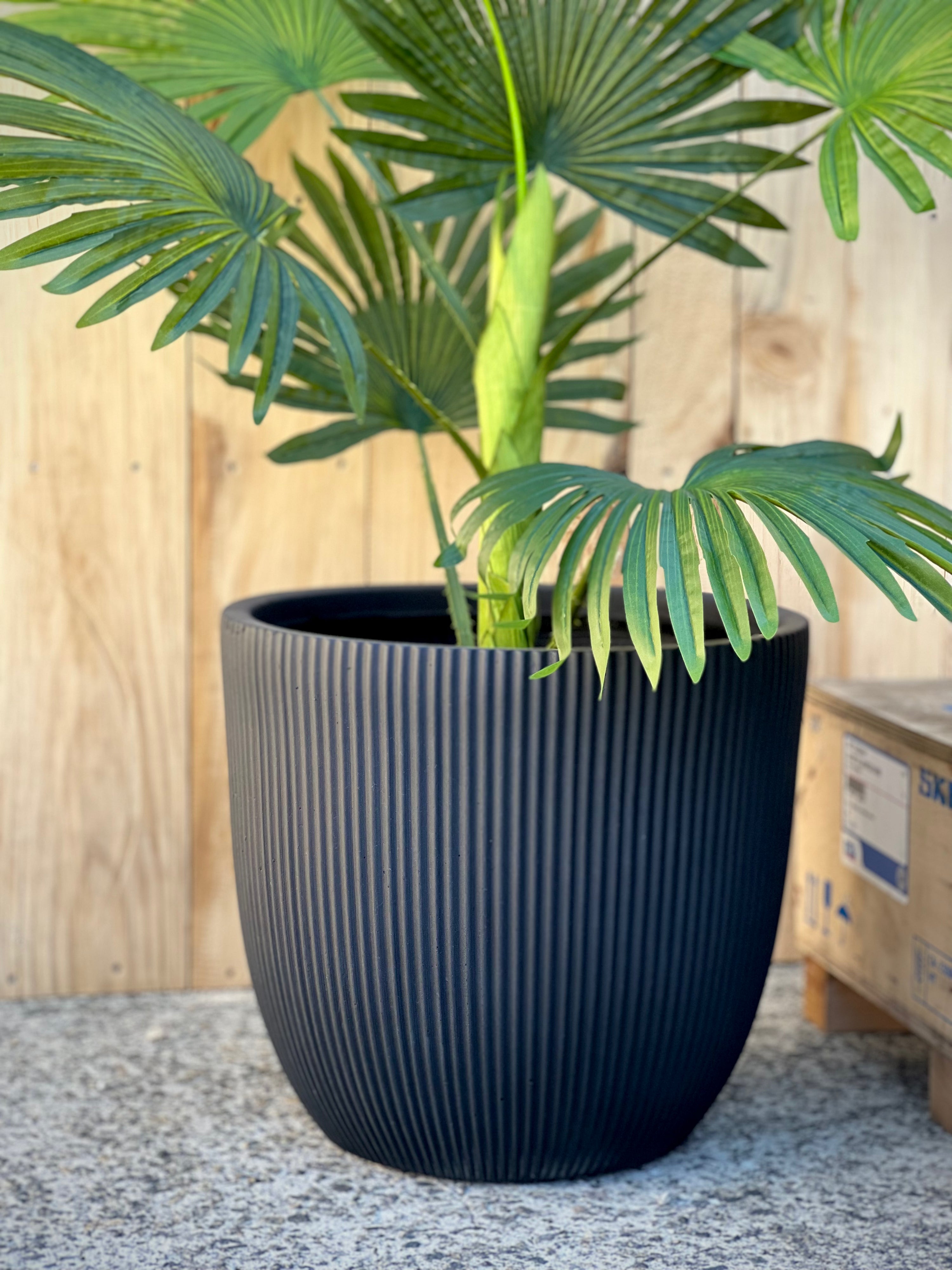 Stripy Cylinder Pot Dark Grey Medium - lightweight striped fiberclay pot