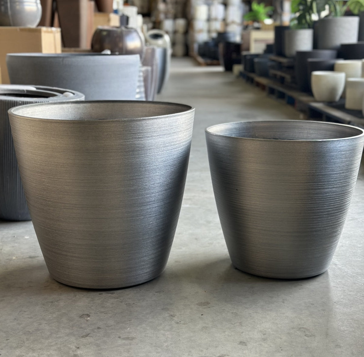 2001 Brushed Steel Pot styled - lightweight brushed steel round pot
