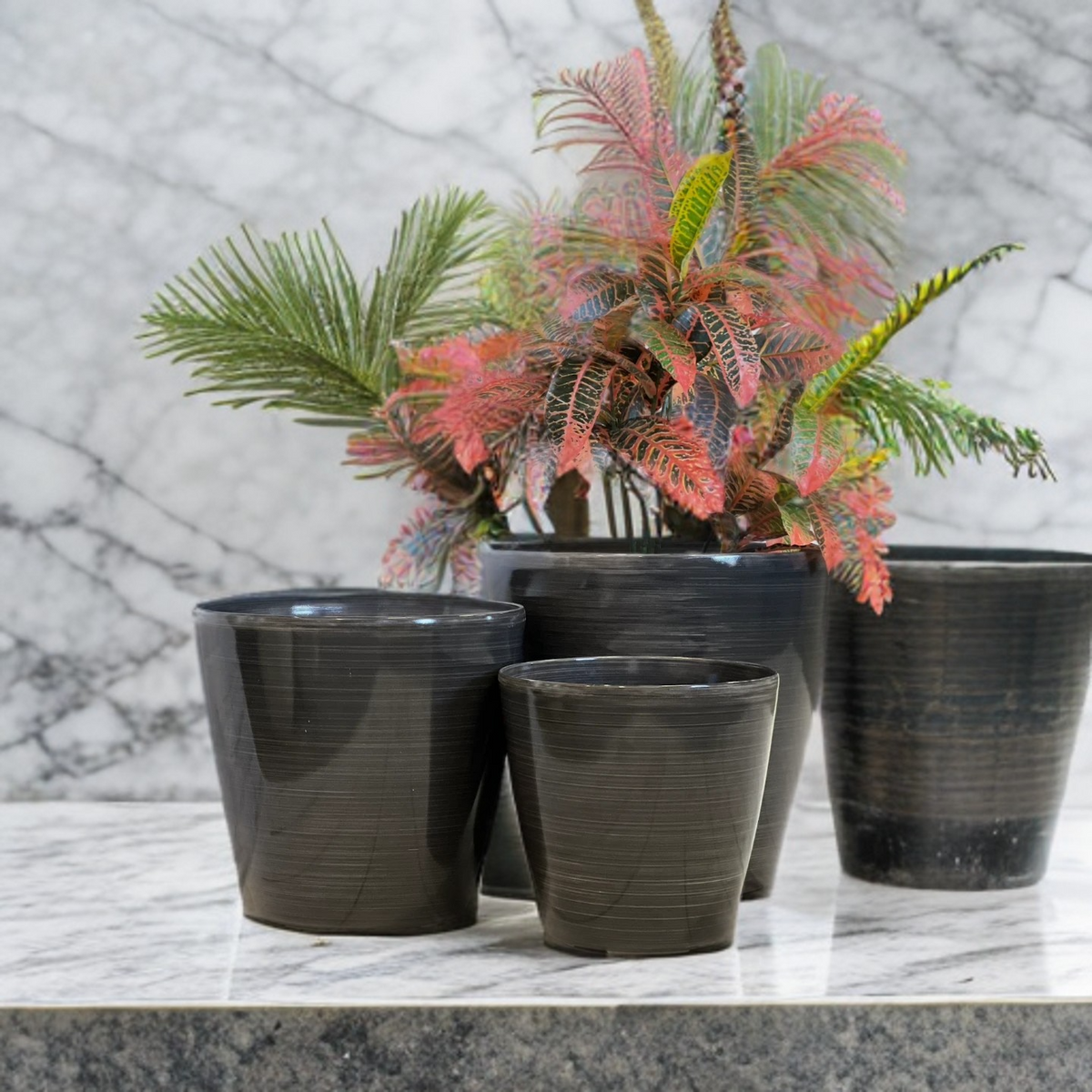 Maxi Glazed Pot styled outdoors - large round glazed lightweight pot
