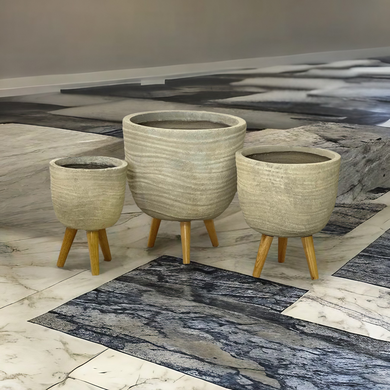 WAVESTONE - Tall Indoor Fiber Cement Pot On Legs With Wave Texture - 71