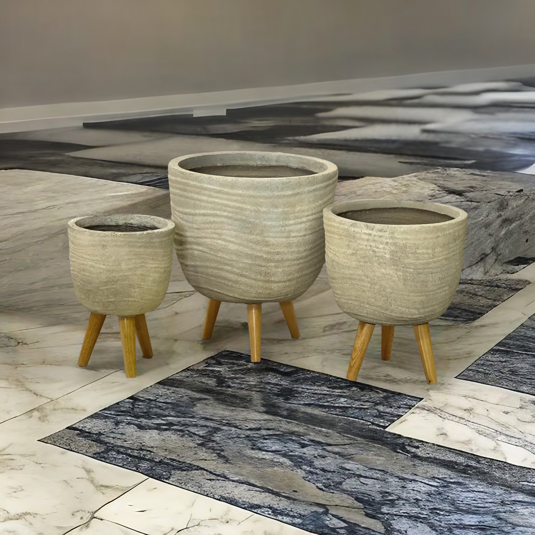 WAVESTONE - Tall Indoor Fiber Cement Pot On Legs With Wave Texture - 71