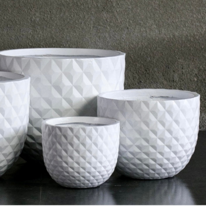 Indoor or Outdoor Round Pot with Diamond Pattern in Lightweight Fiberglass Clay in Glossy White