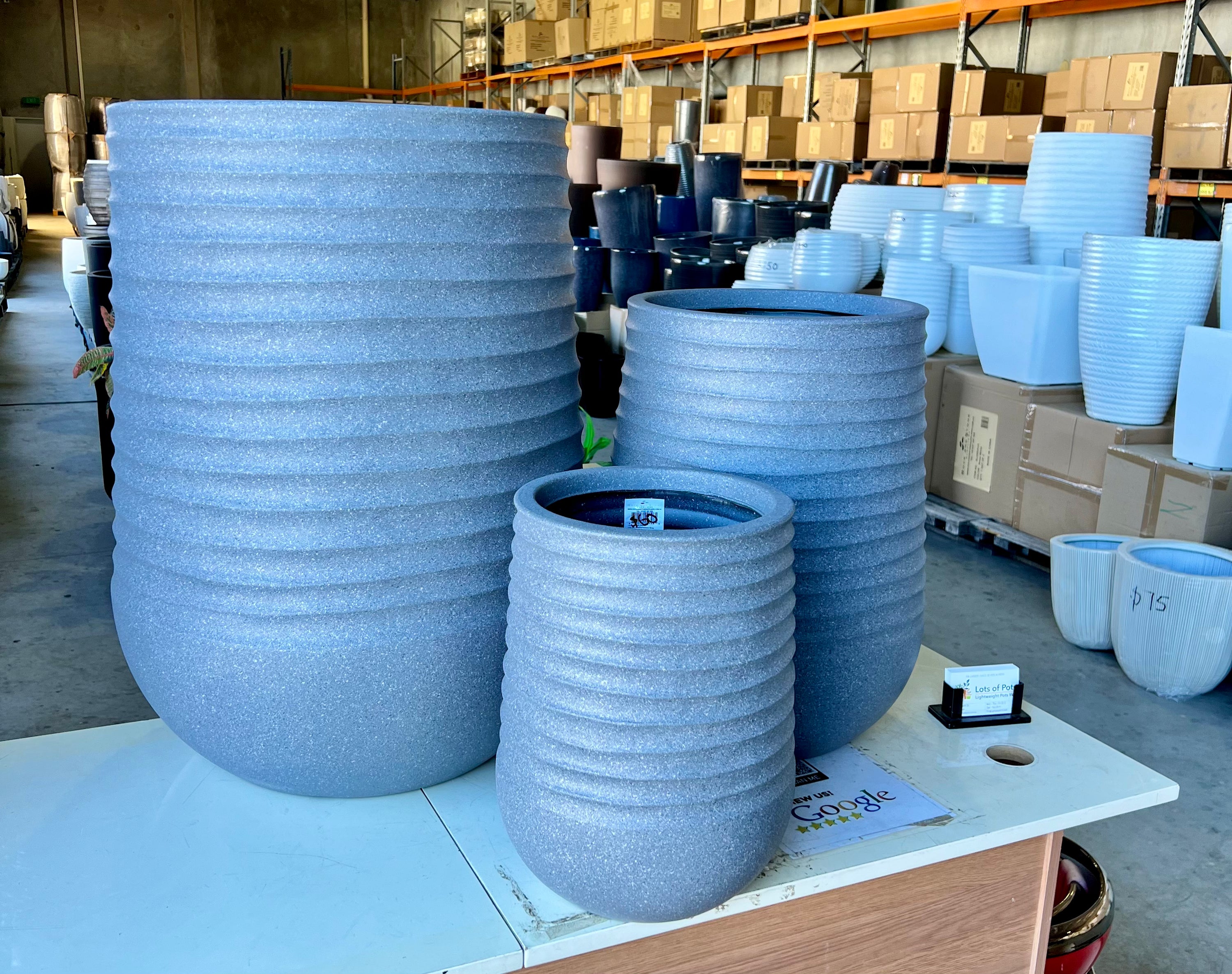 RippleLite Tower Mediterranean Grey styled - tall ribbed feature pot