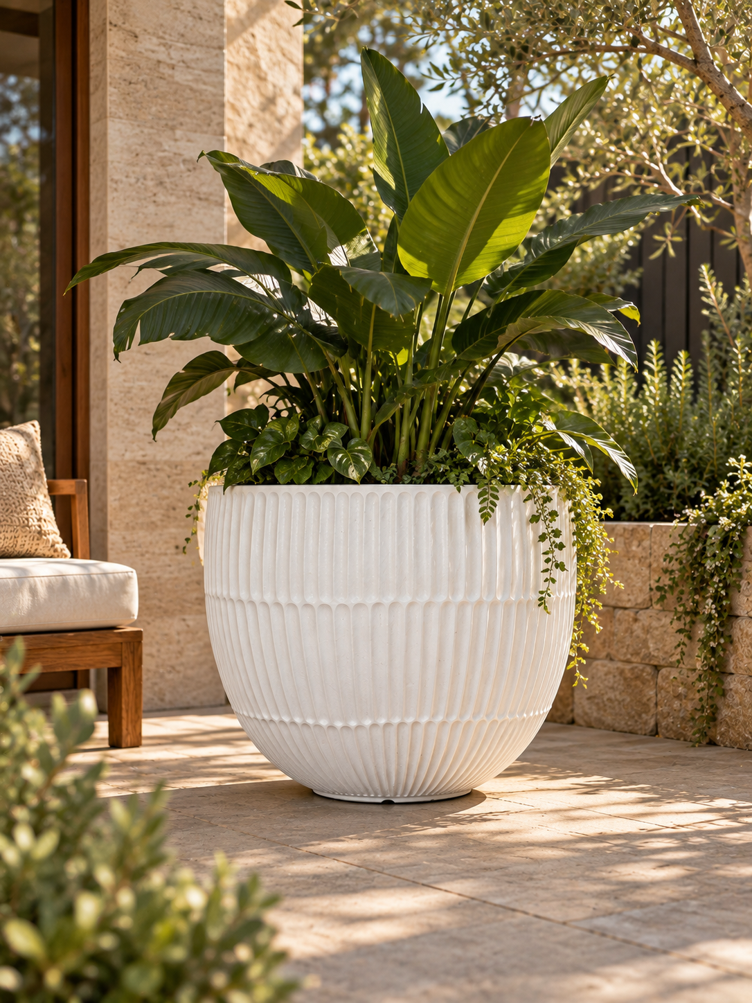 Pleated Round Planter – Modern Ribbed Outdoor Pots