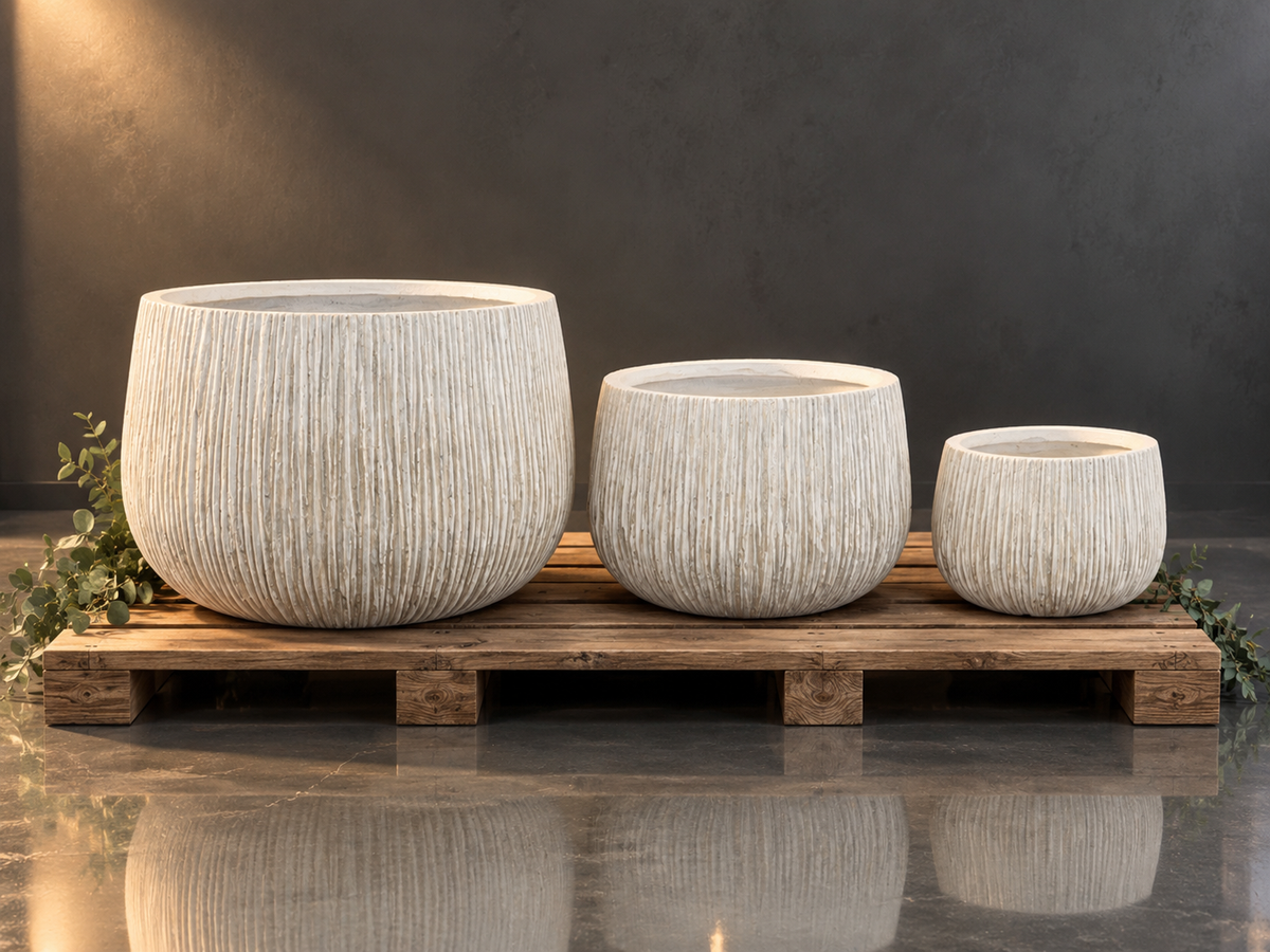 Antique white lightweight bowl planter with carved vertical texture