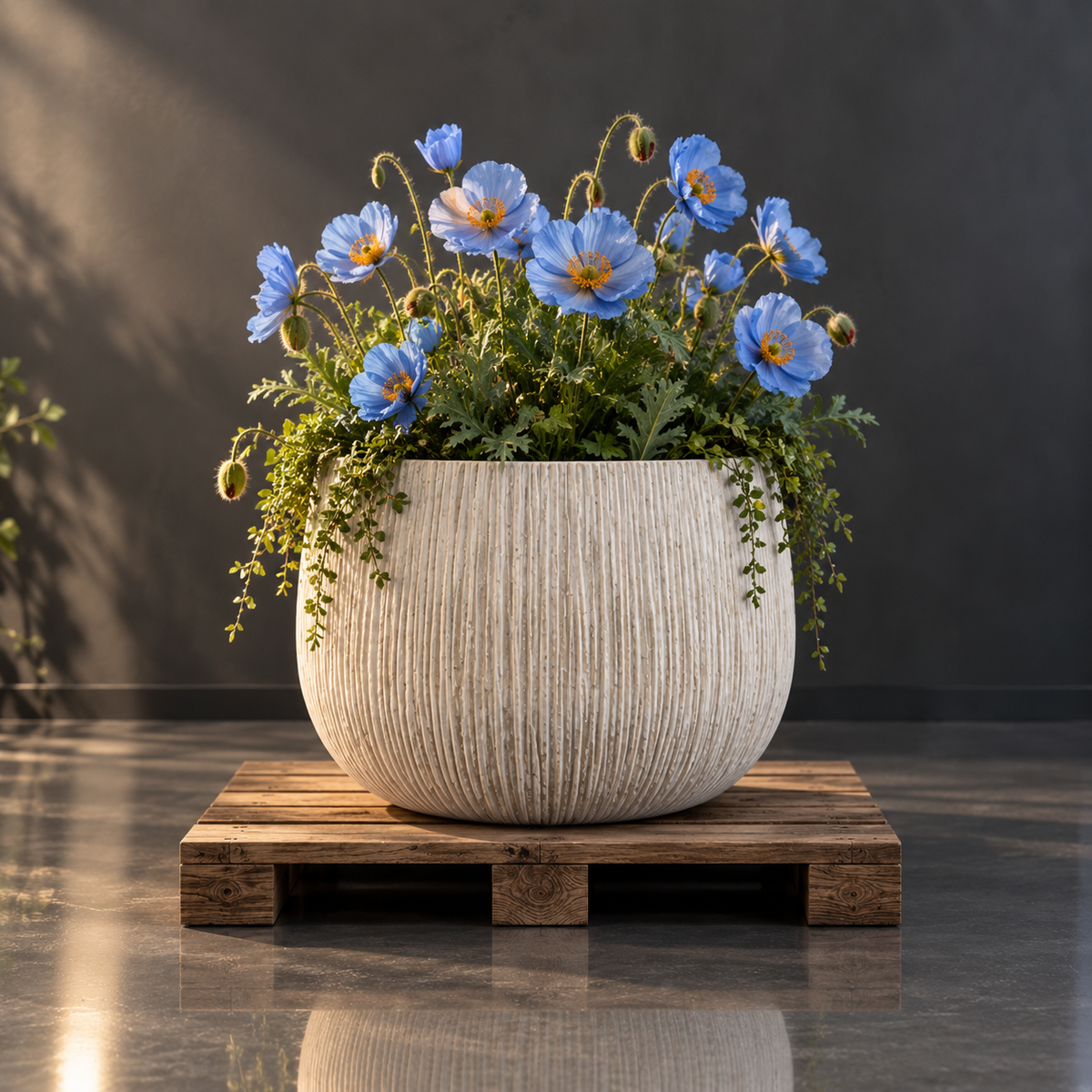 Antique white lightweight bowl planter with carved vertical texture