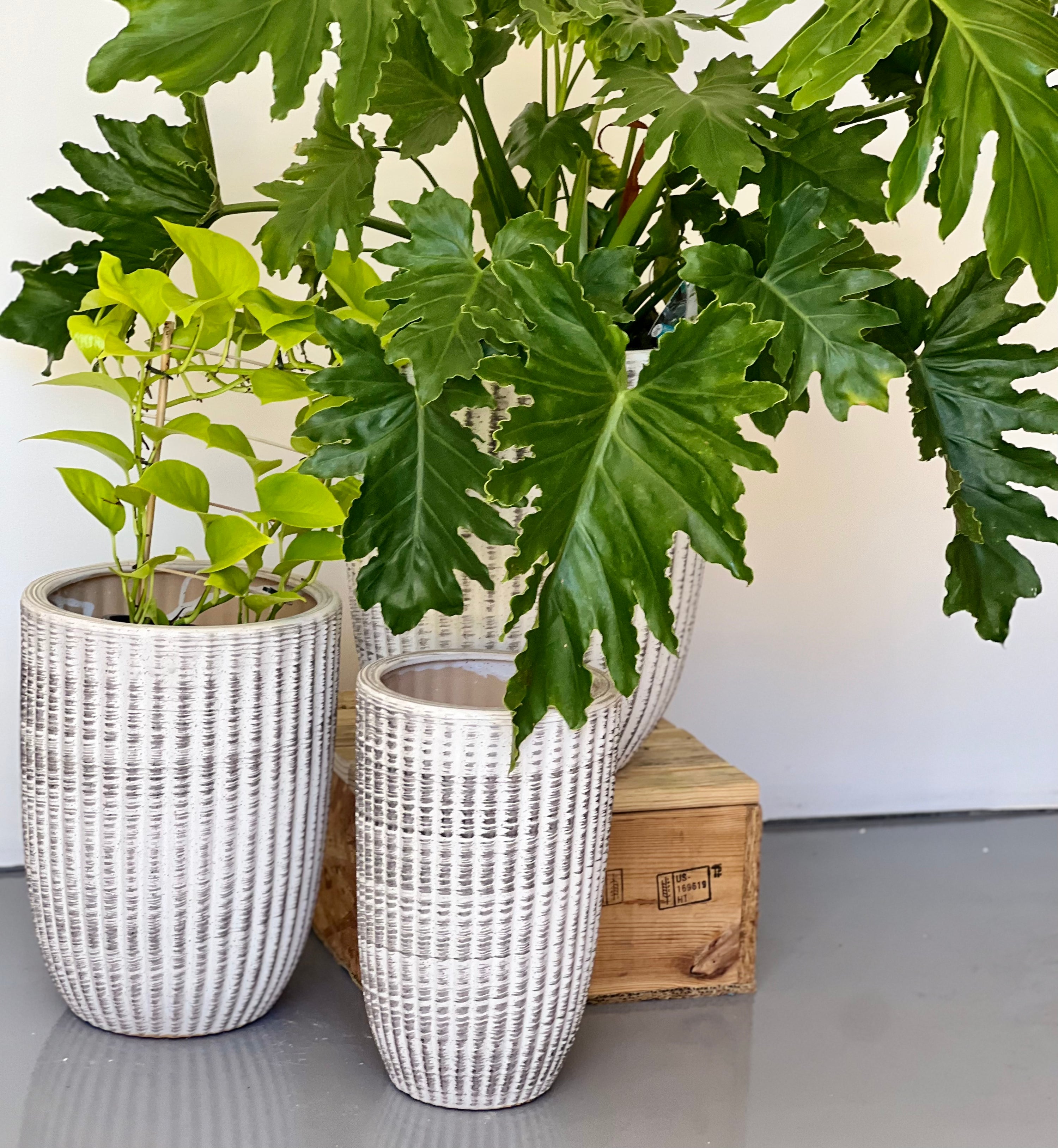 RIBBED White-Grey CL-32 - lightweight ribbed white grey decorative pot