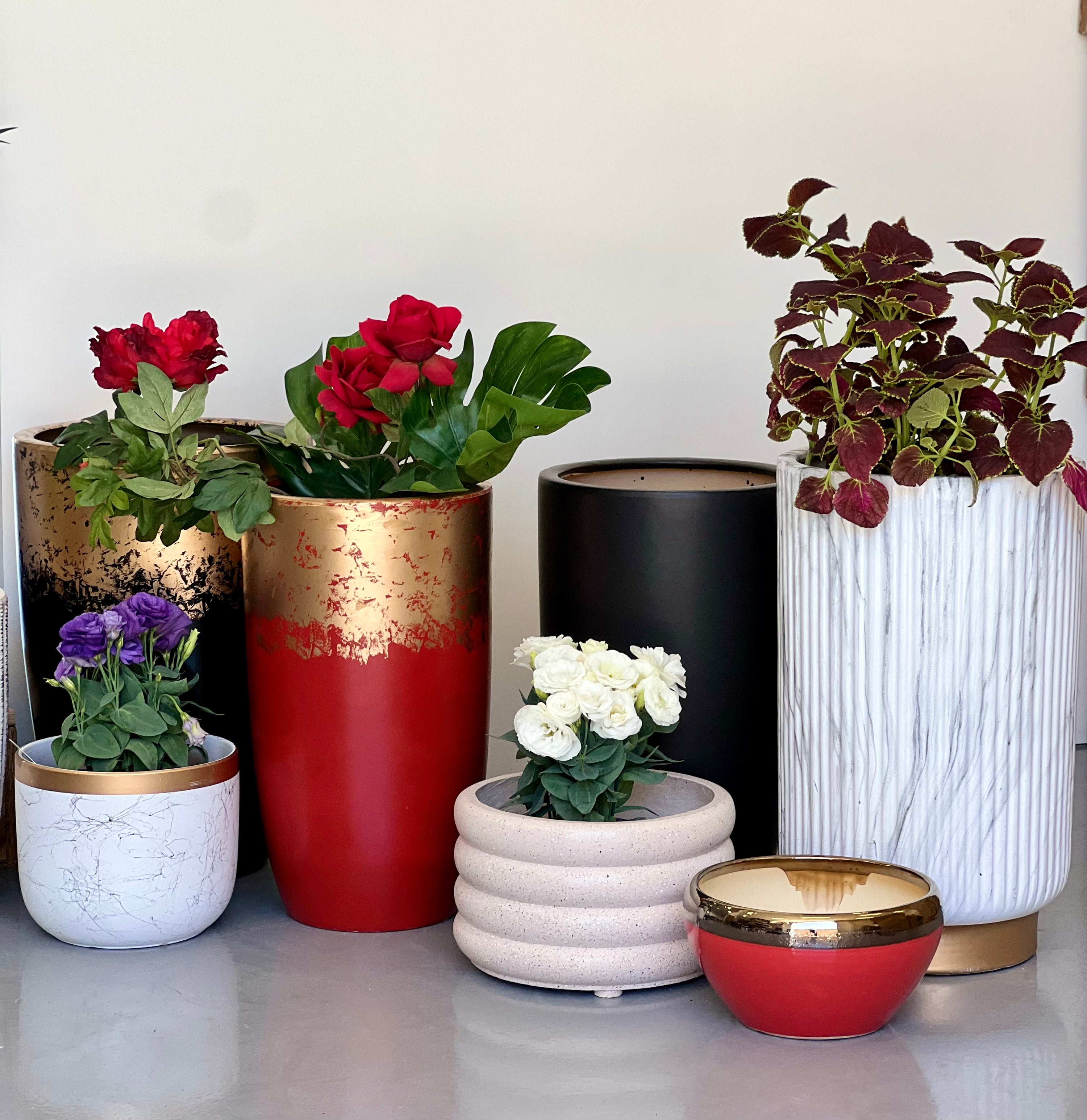 Red and Gold Tall CL-21 range - lightweight red gold decorative pots