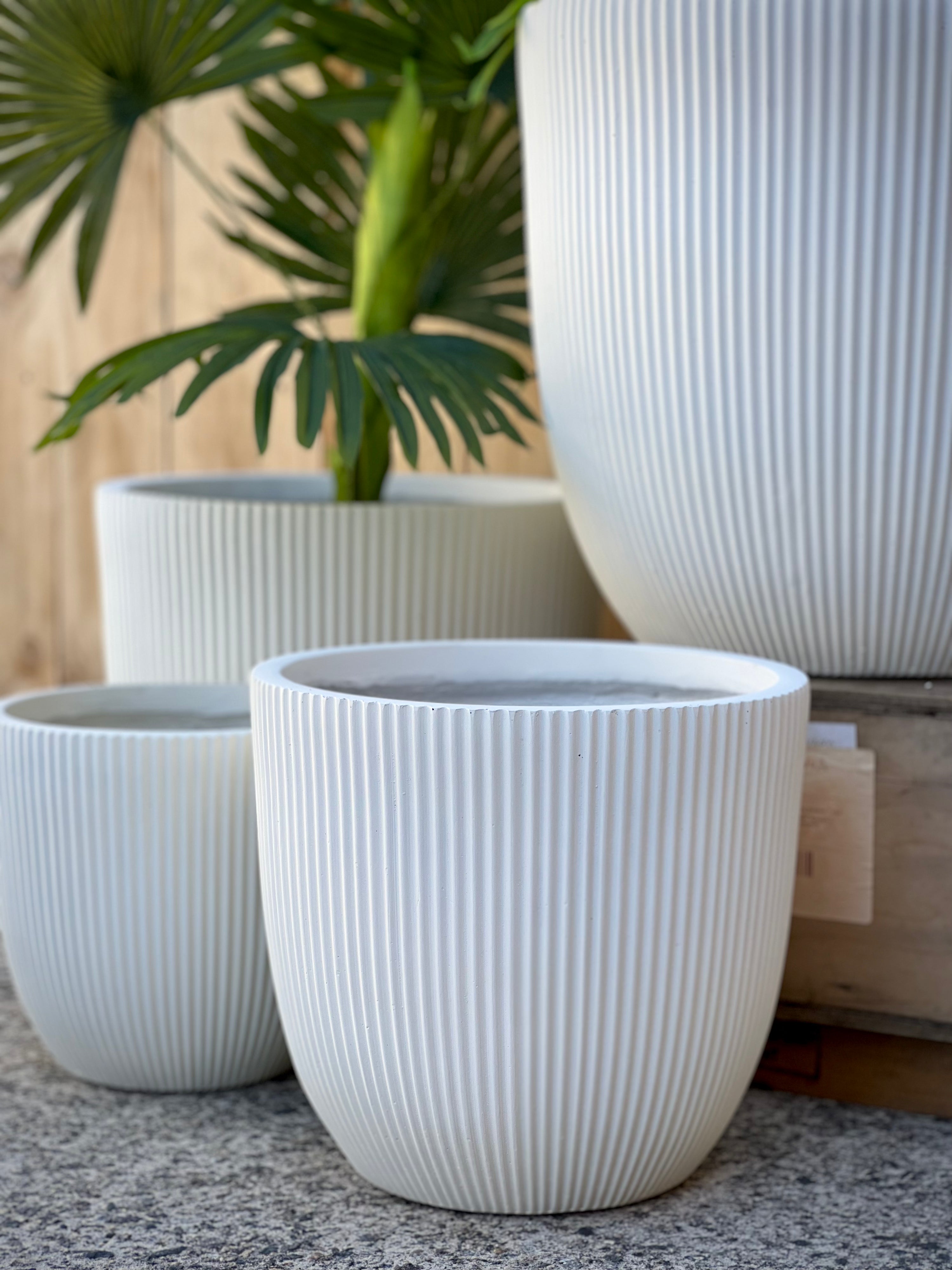 Stripy Cylinder Pot Cream Large - lightweight vertical stripes fiberclay pot