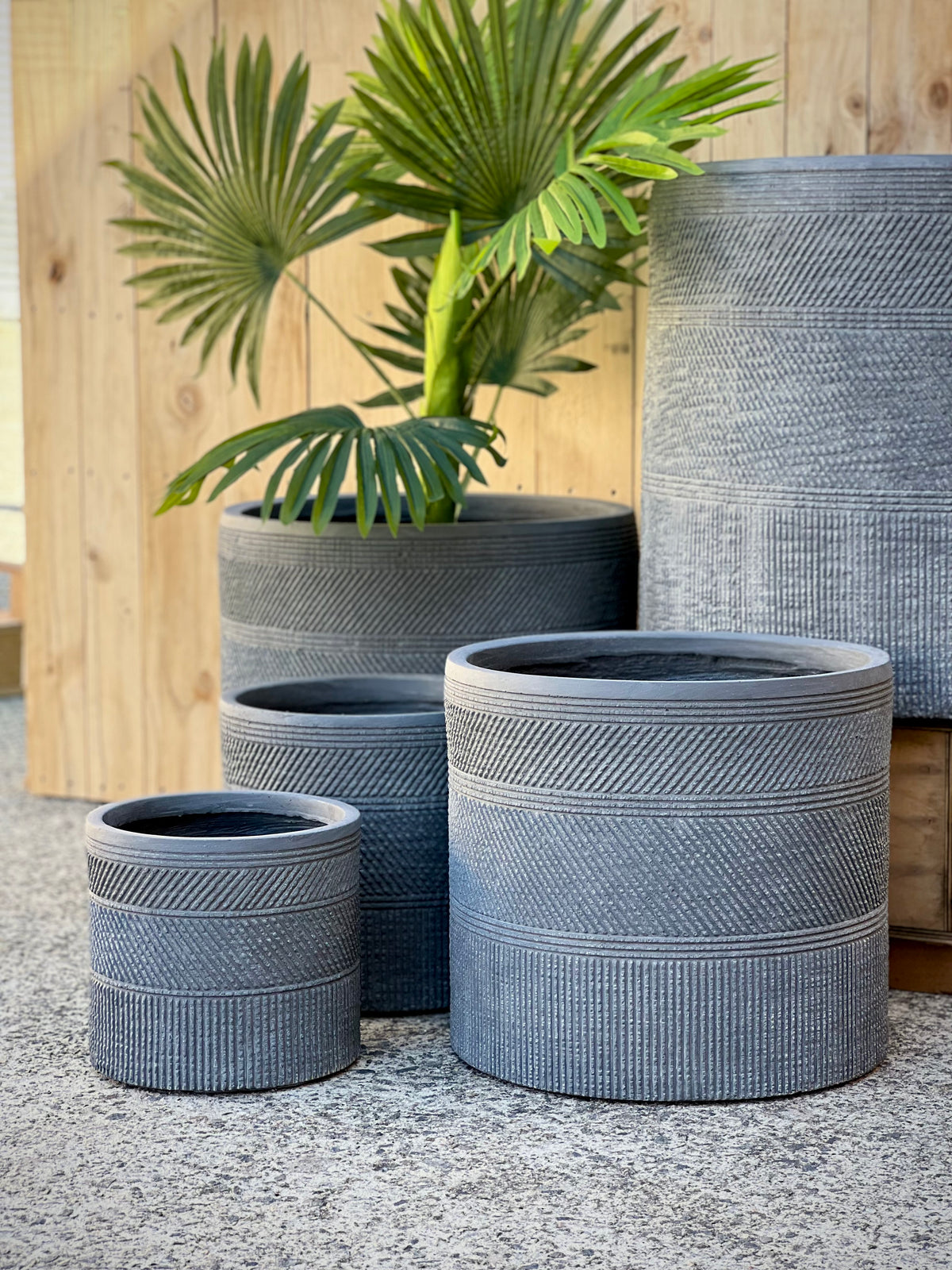 Print Cylinder Pot in Greywash Medium - indoor outdoor fiberclay pot