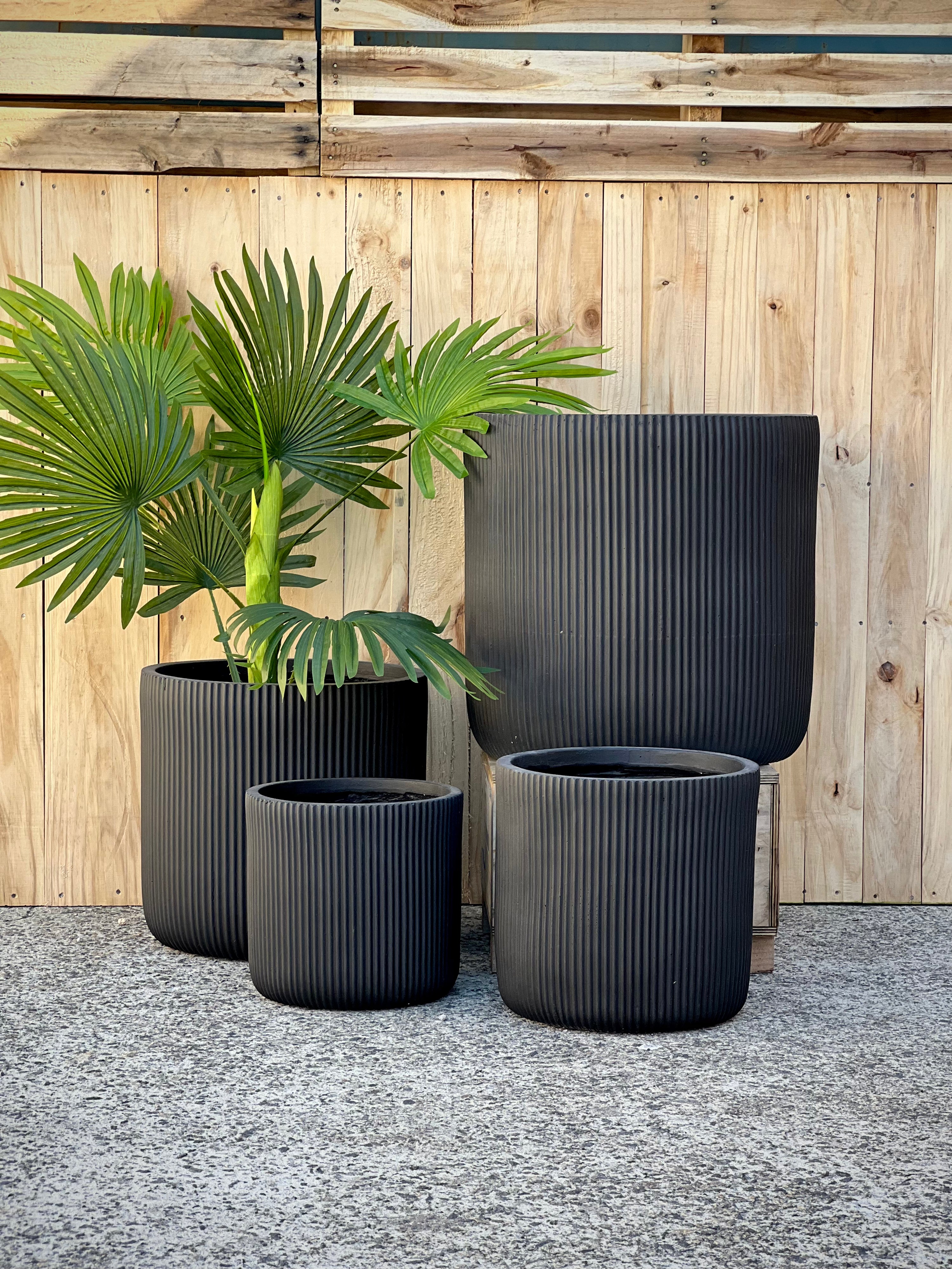 Stripy Cylinder Pot Dark Grey Large - lightweight striped fiberclay cylinder