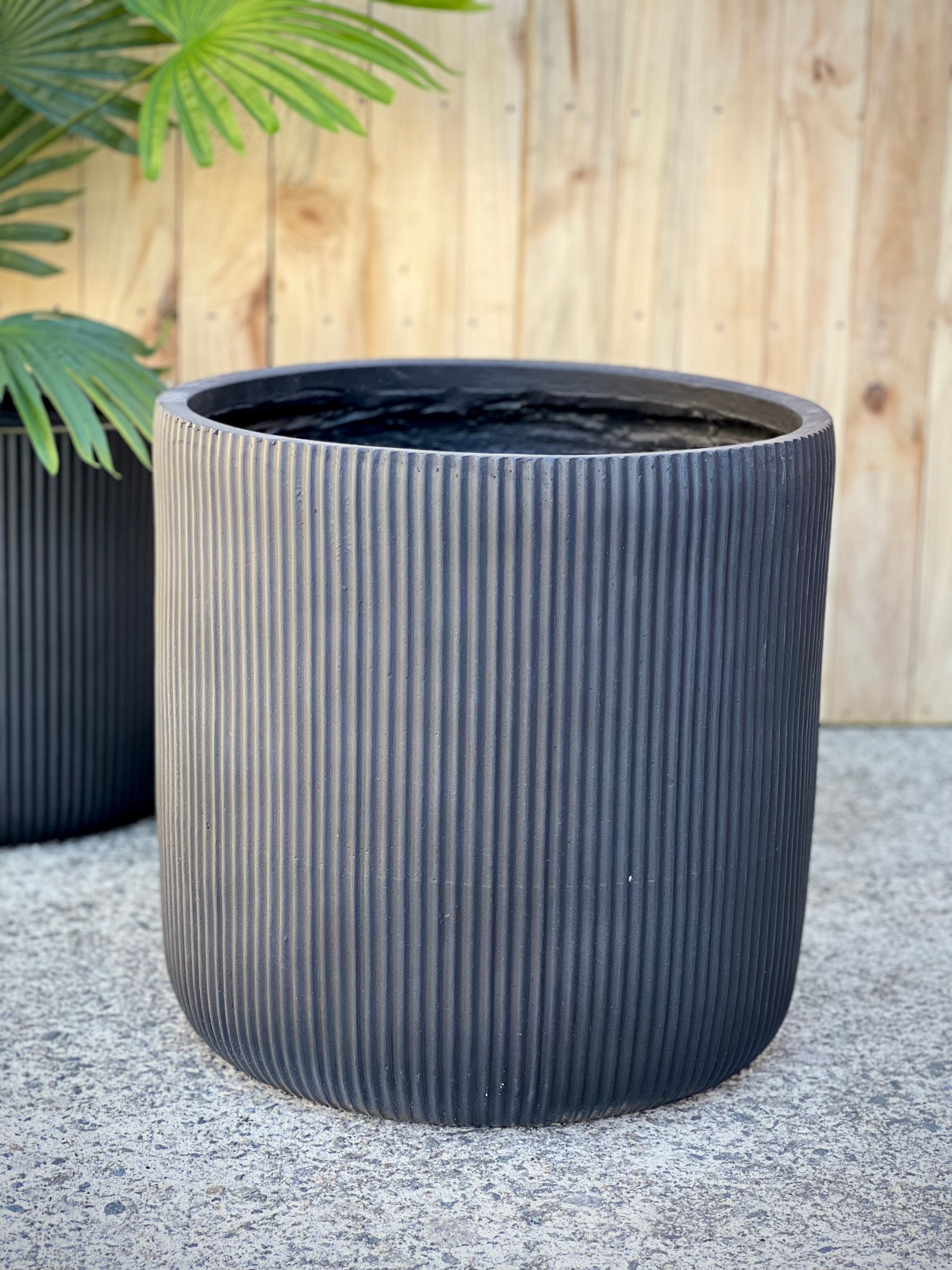 Stripy Cylinder Pot lifestyle - striped lightweight fiberclay cylinder pot
