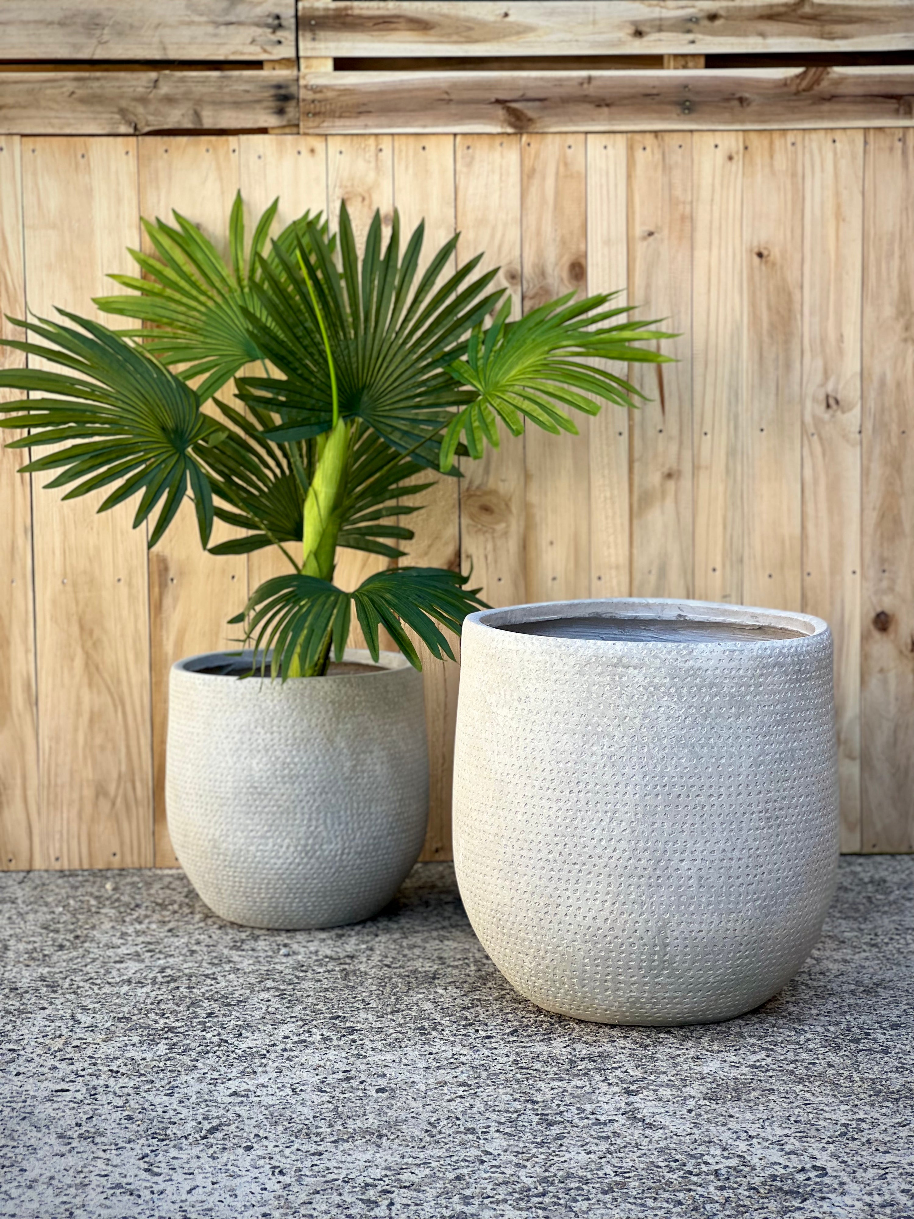 Kaya Pot styled indoors - lightweight fiberclay pot with dotted pattern