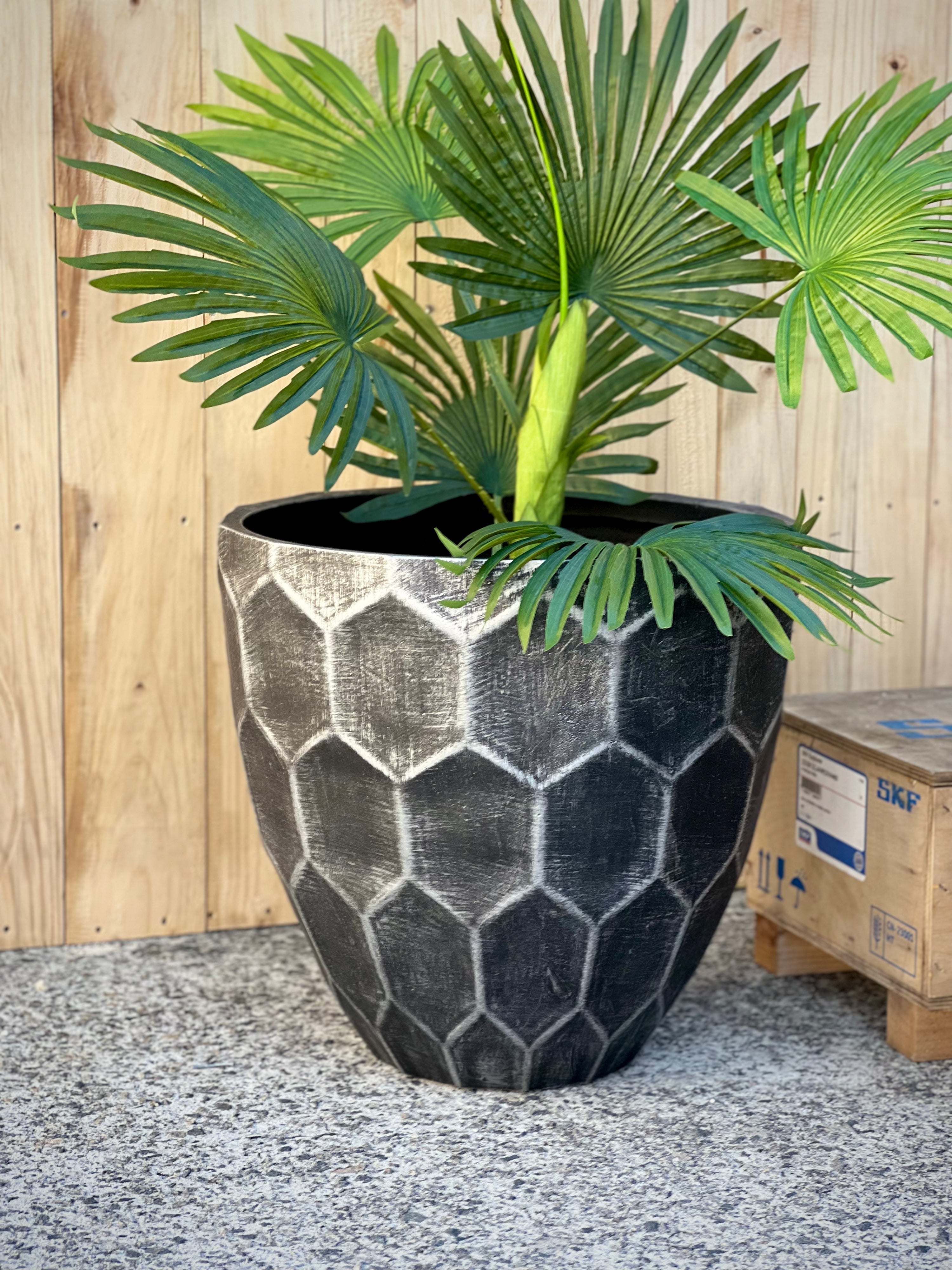 Honeycomb Pot styled with plant - lightweight fiberclay textured pot