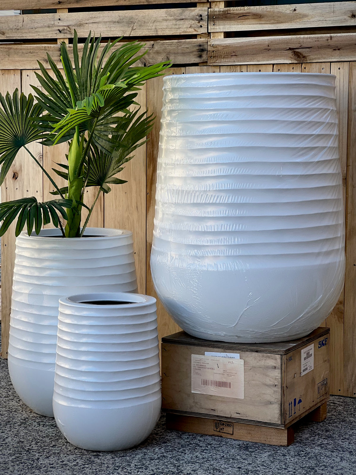 RippleLite Tower Snow White Medium - ribbed sculptural lightweight pot