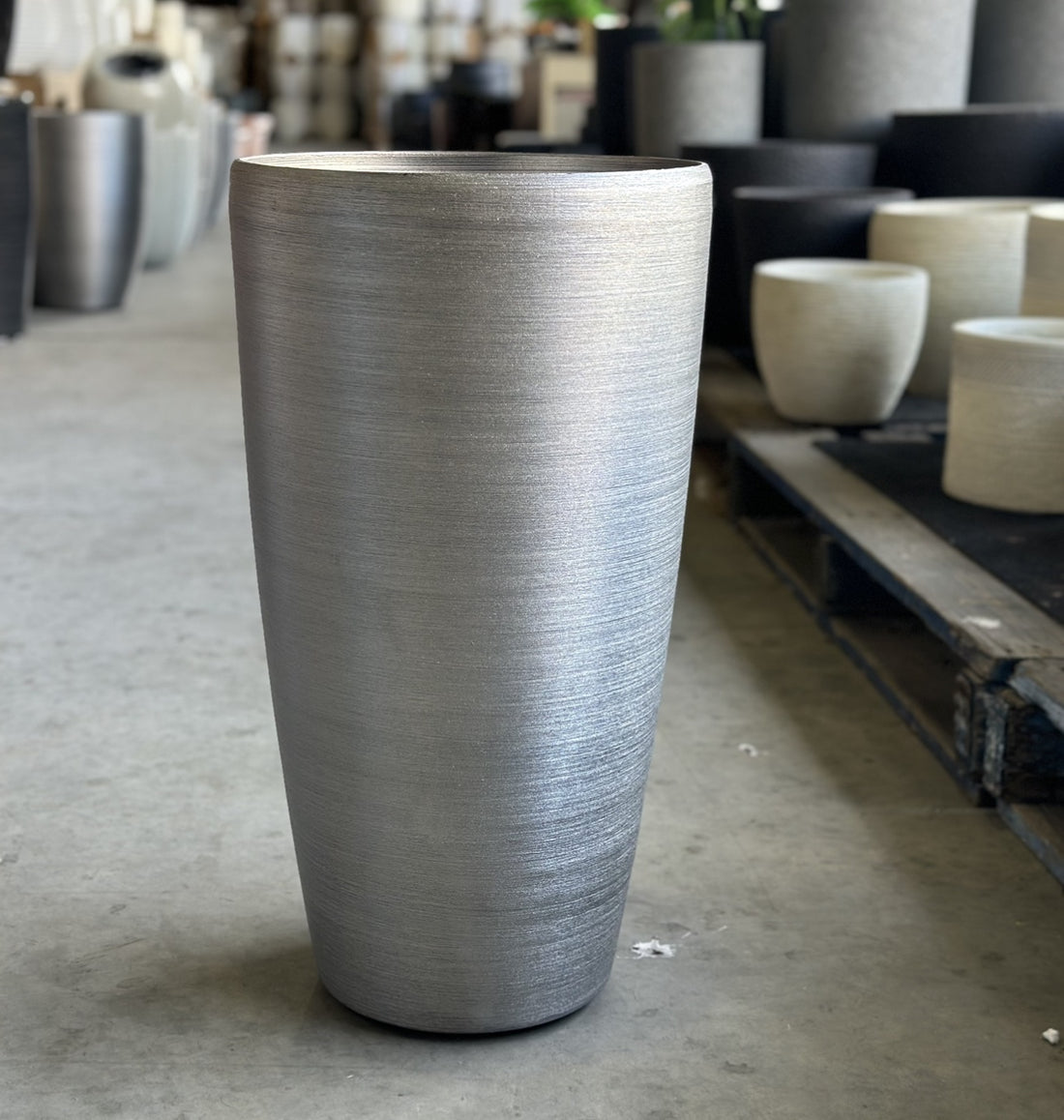 2003 Brushed Steel Tall Pot styled - lightweight brushed steel tall pot