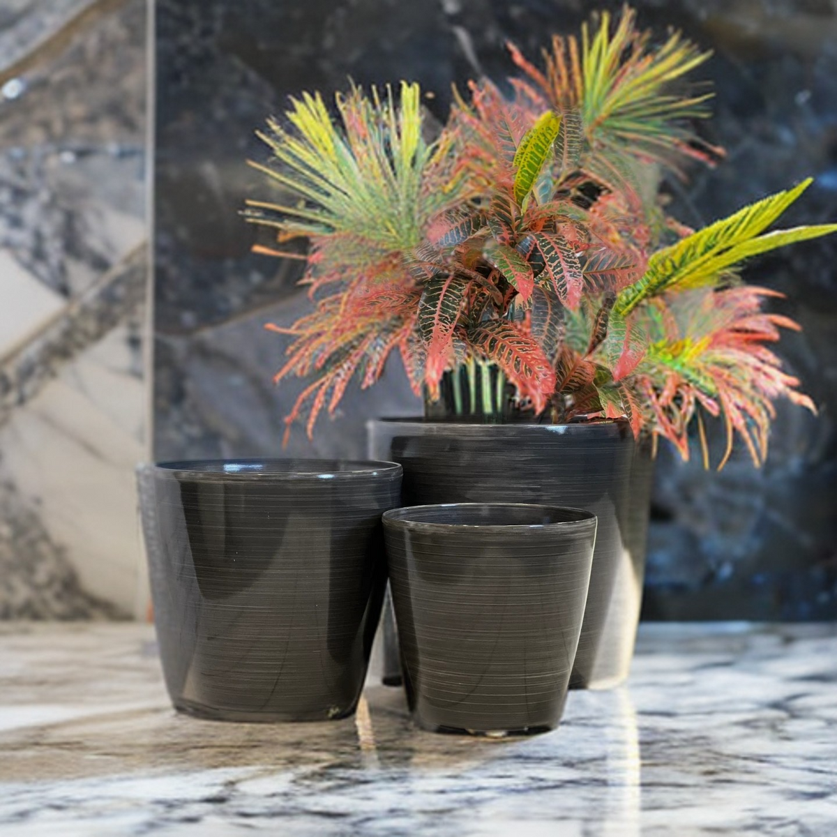 Maxi Glazed Pot lifestyle - large glazed composite pot with plant