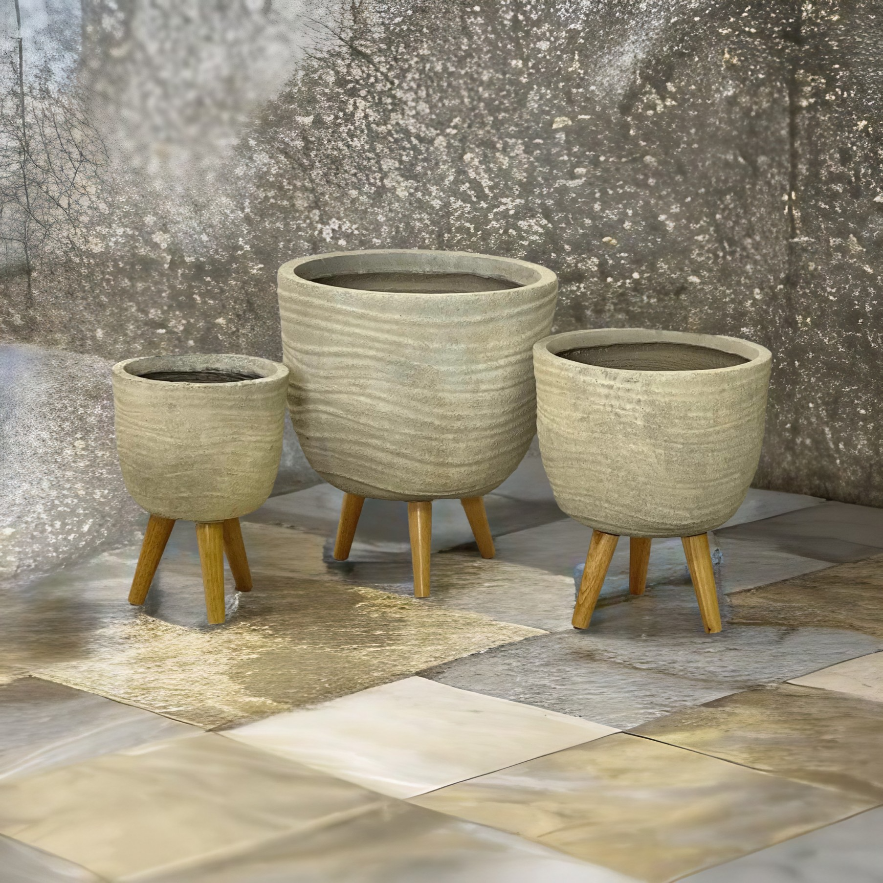 WAVESTONE - Tall Indoor Fiber Cement Pot On Legs With Wave Texture - 71