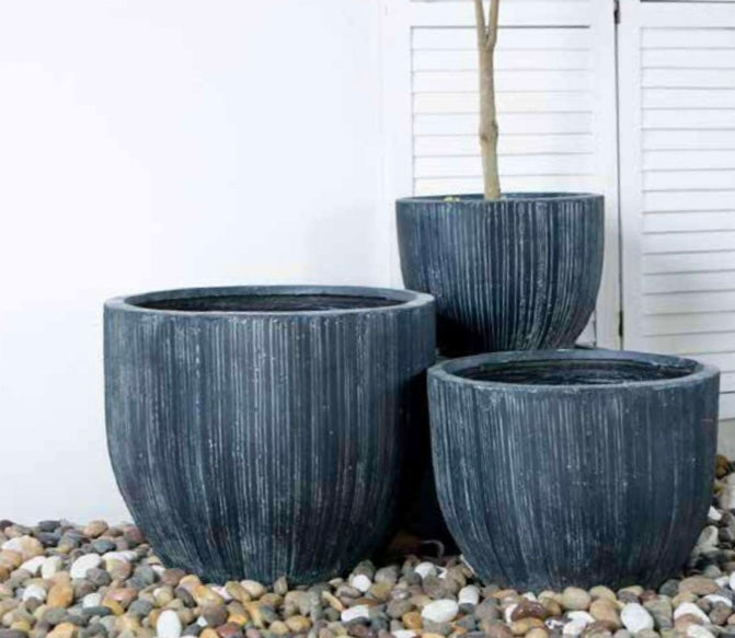 Indoor or Outdoor Tall Round Fiberglass Clay Lightweight Pot with Vertical Lines - STRIKE ME Wide