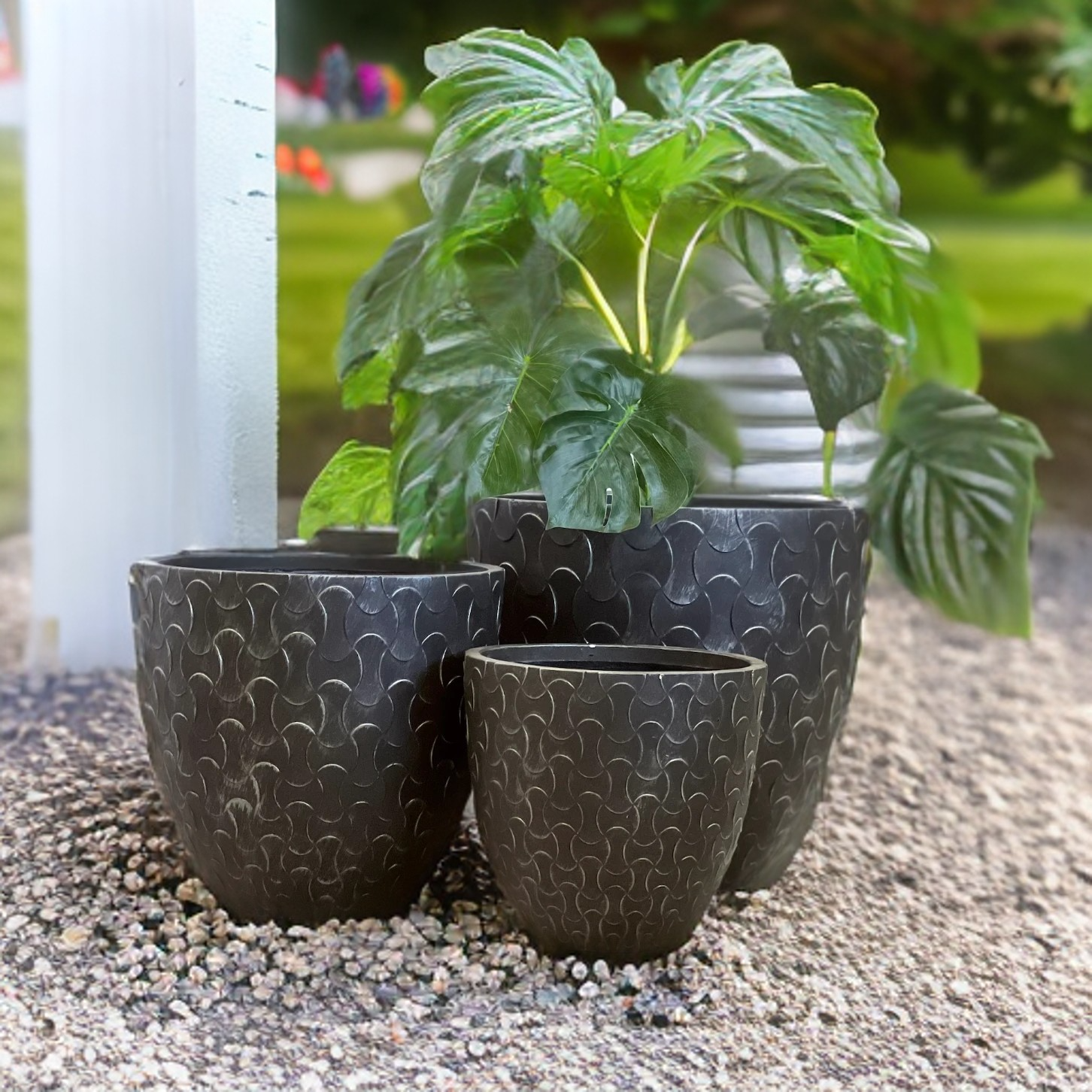 METAL ZEN - Indoor or Outdoor  Fiberclay Lightweight Pot with Metal Texture