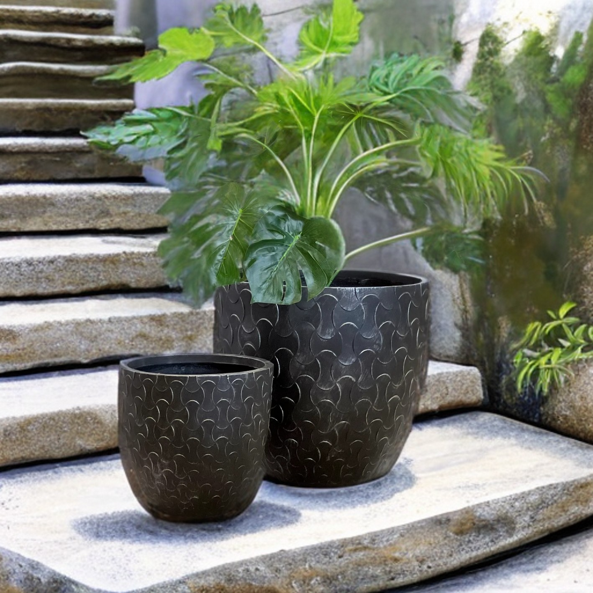 METAL ZEN - Indoor or Outdoor  Fiberclay Lightweight Pot with Metal Texture