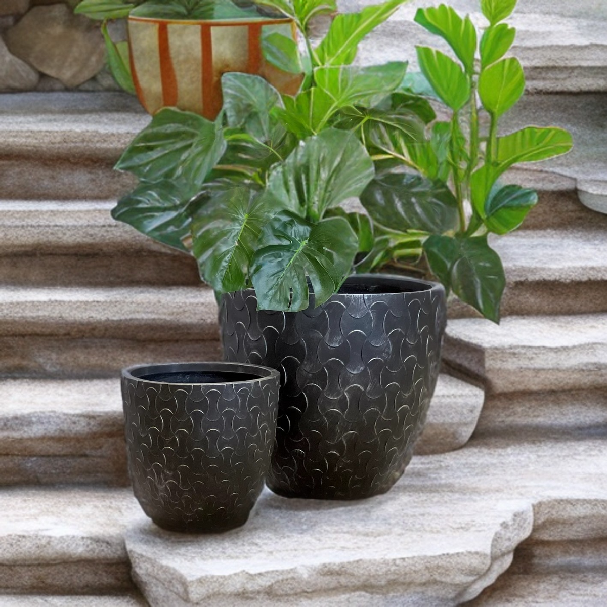 METAL ZEN - Indoor or Outdoor  Fiberclay Lightweight Pot with Metal Texture