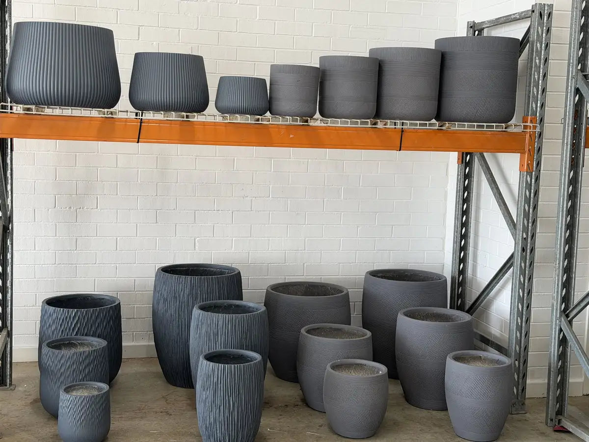 Fluted lightweight pots on racking at Wangara