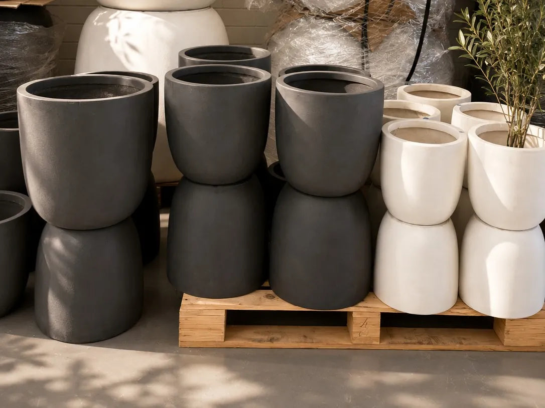 Black and white stacked lightweight pots at O’Connor, Perth