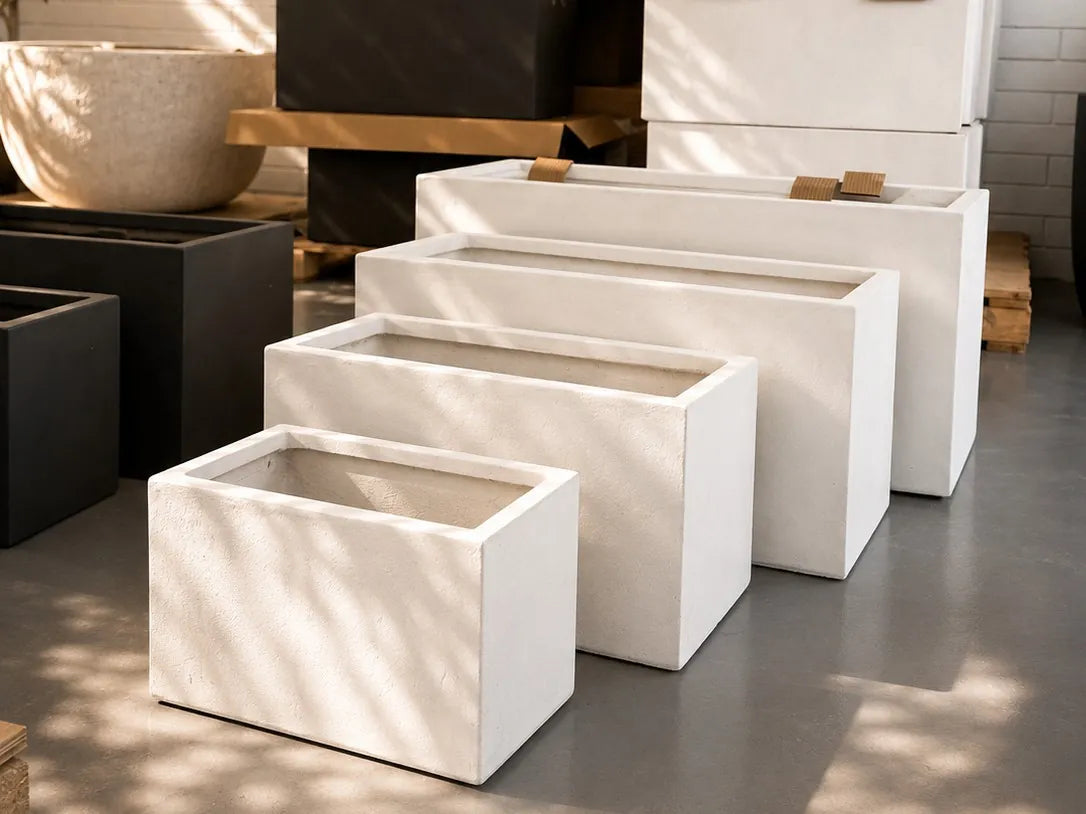White trough planters at the Lightweight Pots WA O’Connor showroom, Perth