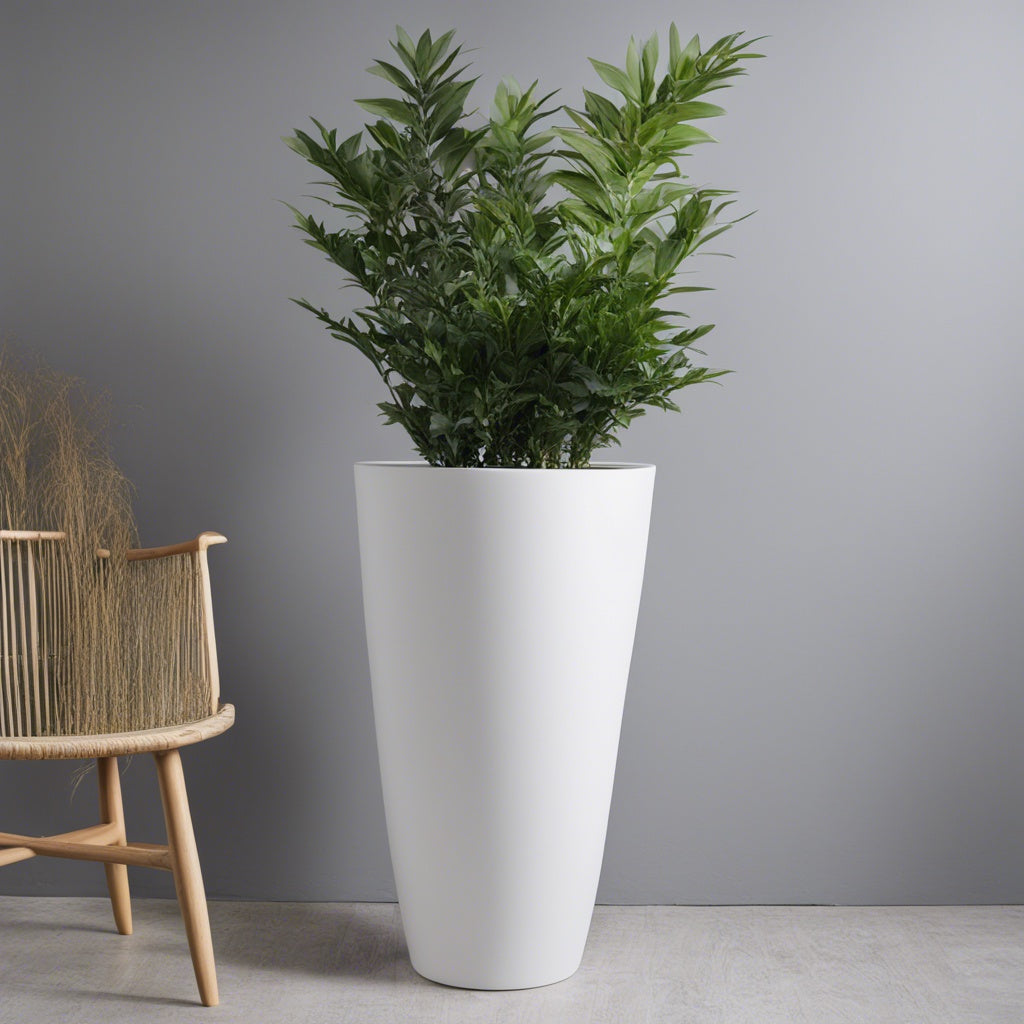 Tolly Pot styled indoors - tall round lightweight pot with plant